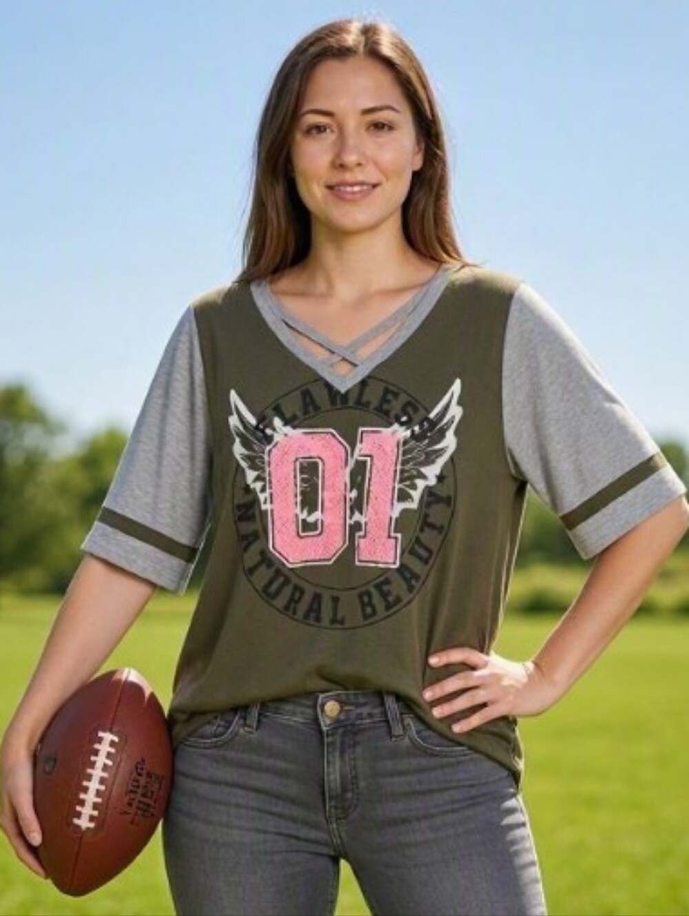 NWT Olive Green - Gray - Pink Graphic Stadium Tee - Short Sleeves - L